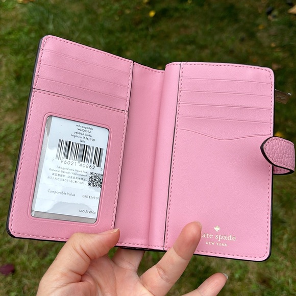 Kate Spade Leila Compact Bifold Wallet Pebble Leather Bright Carnation Pink - Picture 3 of 4